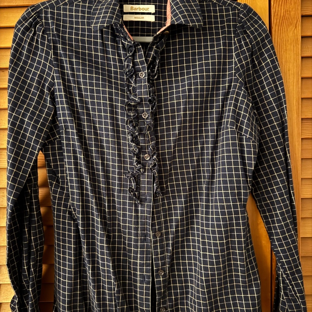 Barbour Blue and White Button Down Shirt with Ruffle Detail